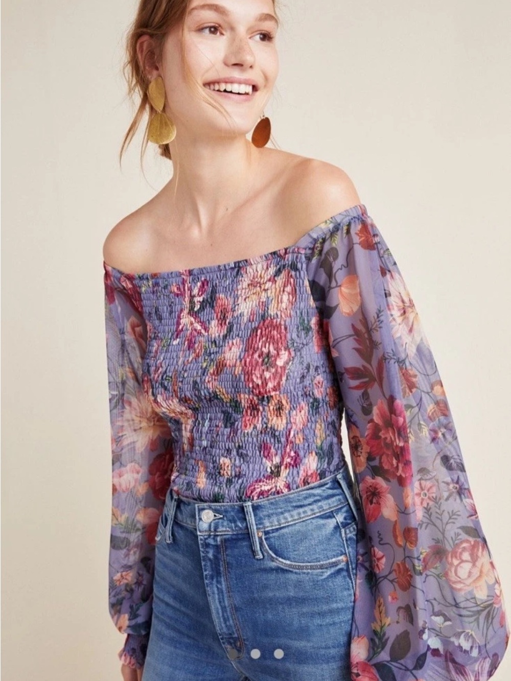 Anthropologie Rouen Purple Floral Puff Sleeve Ballon Boho Ruched Top Size XL